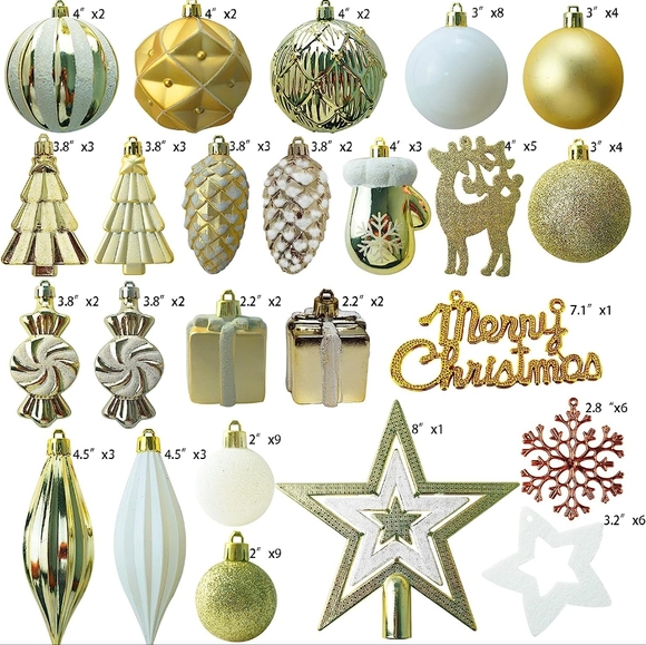 88pc Christmas Ornaments Shatterproof Gold & White Tree Decoration Balls Baubles - Picture 1 of 7